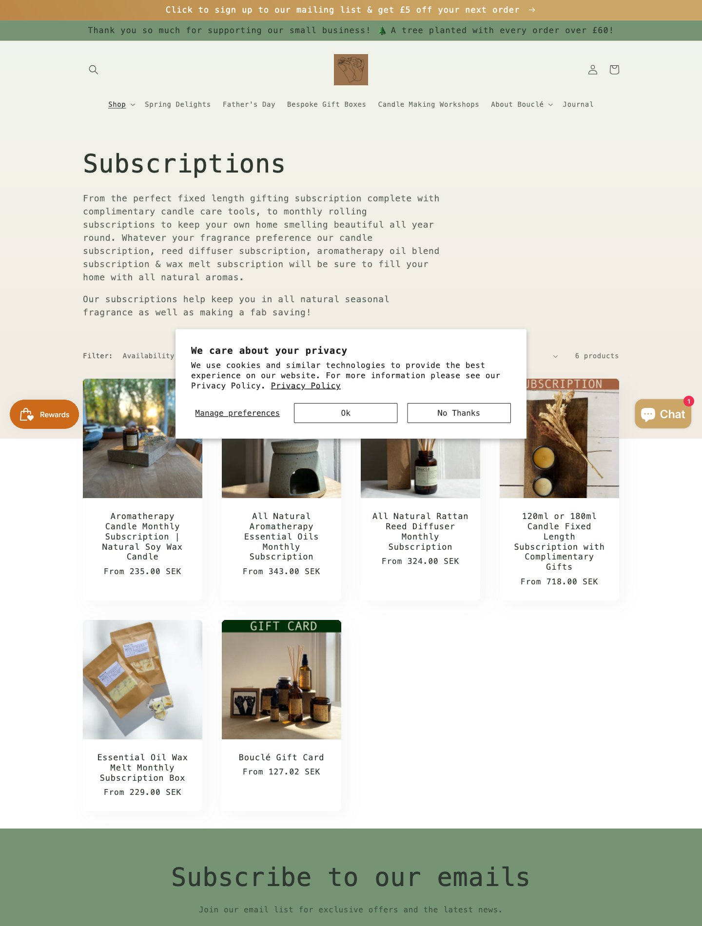 Boucle UK subscriptions page — 6 different subscription SKUs