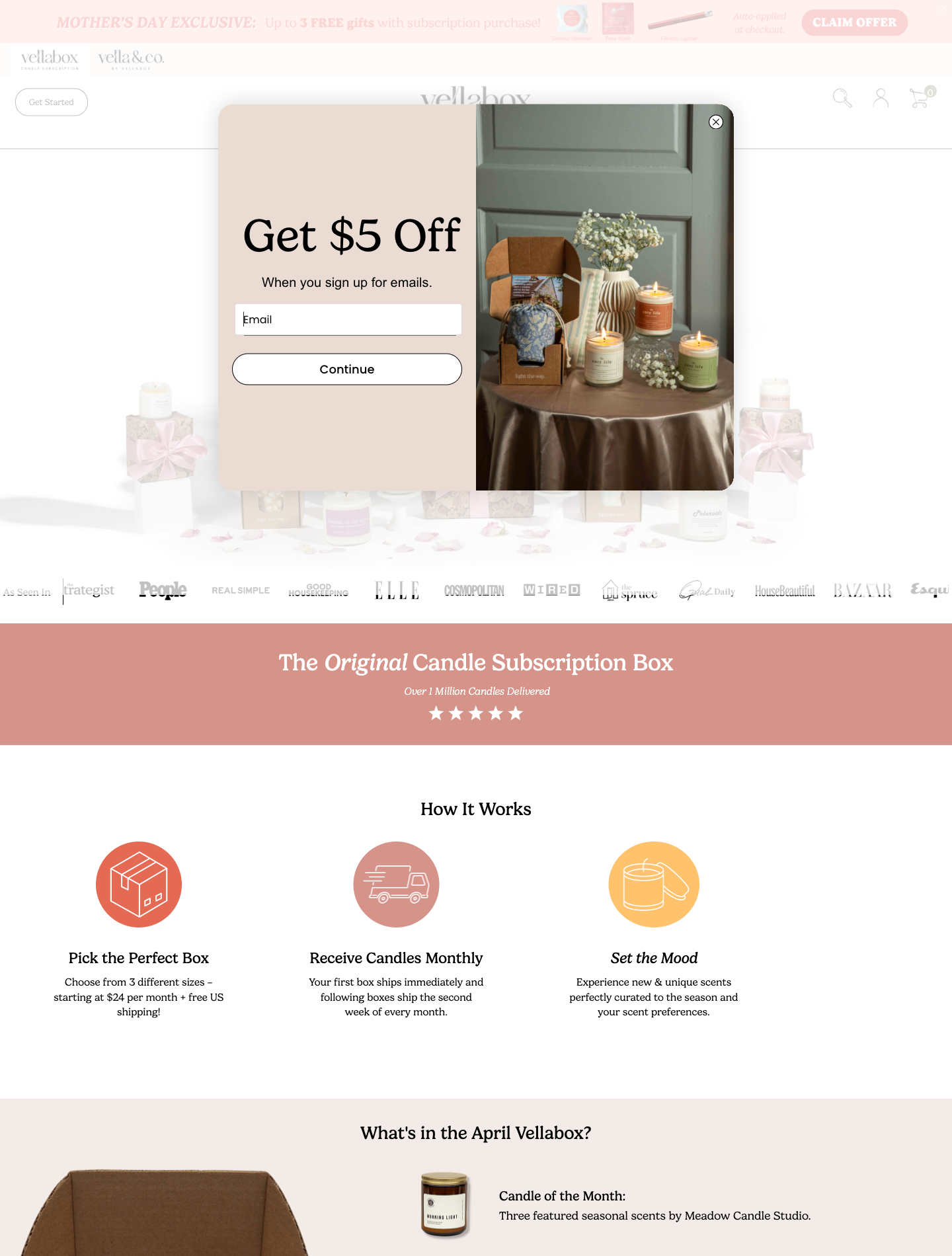 Vellabox homepage ATF with $5 off popup + How It Works