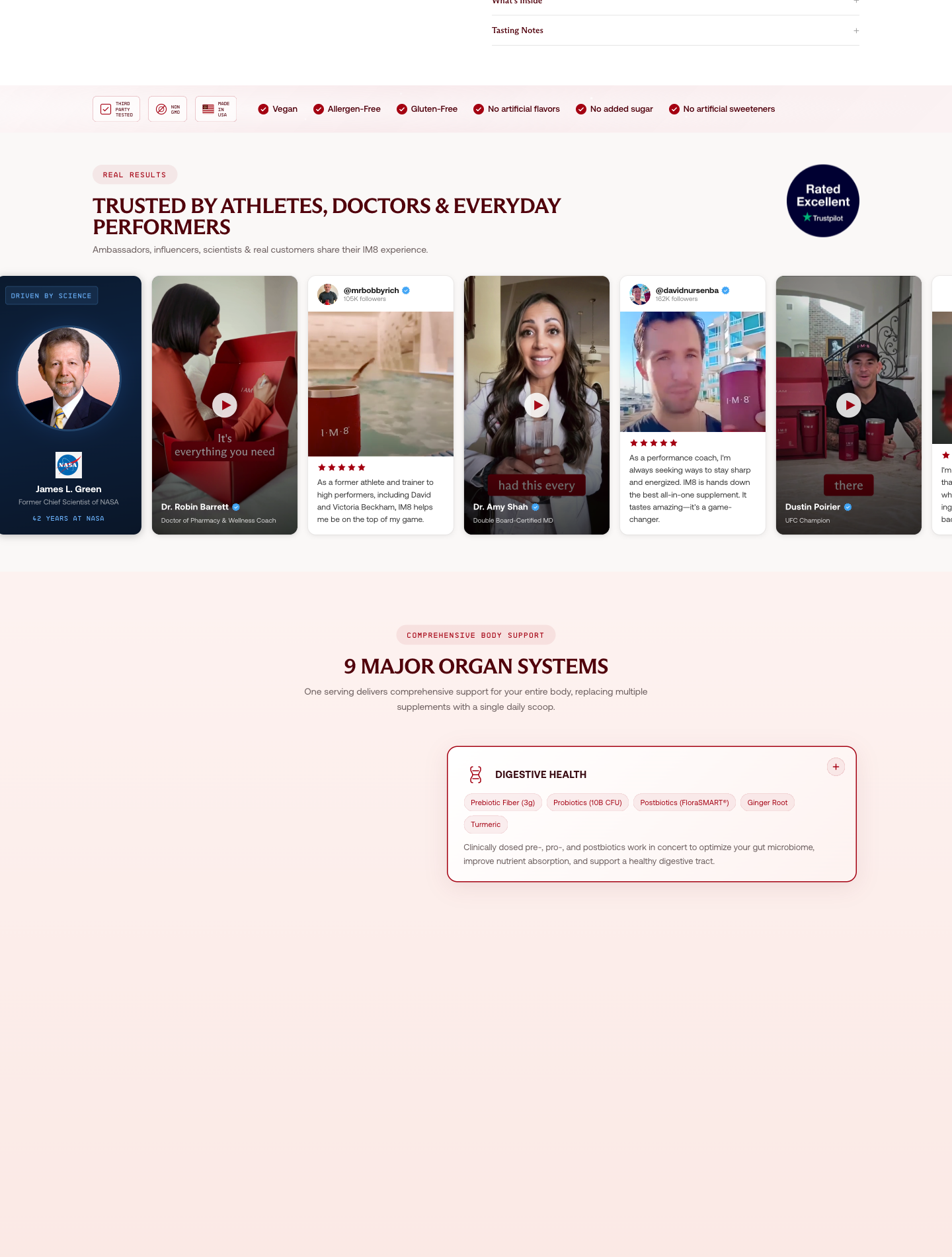 IM8 social proof stack: athletes, doctors, everyday performers